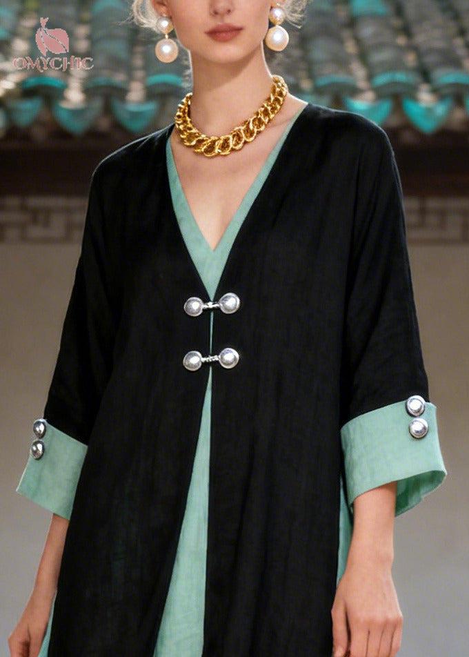 Deep V-Neck Long Sleeve Wide Cuff Frog Button Vest Overlay Two-Piece Set