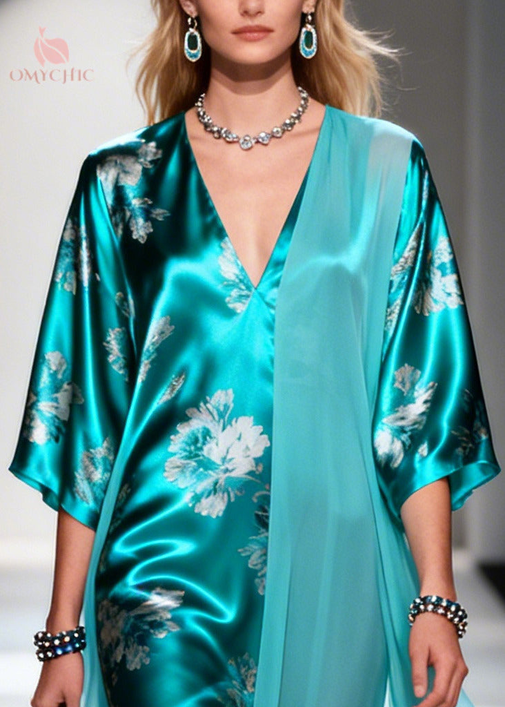 Floral Deep V-Neck Half Sleeve Satin Draped Chiffon High Low Maxi Dress