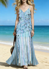 Art Blue Striped Ruffled Side Open Tulle Patchwork Spaghetti Strap Dress Sleeveless