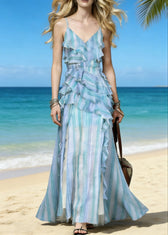 Art Blue Striped Ruffled Side Open Tulle Patchwork Spaghetti Strap Dress Sleeveless 3