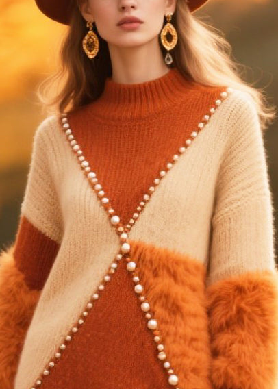 Mock Neck Faux Fur Sleeve Pearl Bead Embellished Knit Mini Dress
