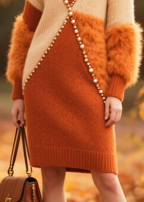Mock Neck Faux Fur Sleeve Pearl Bead Embellished Knit Mini Dress