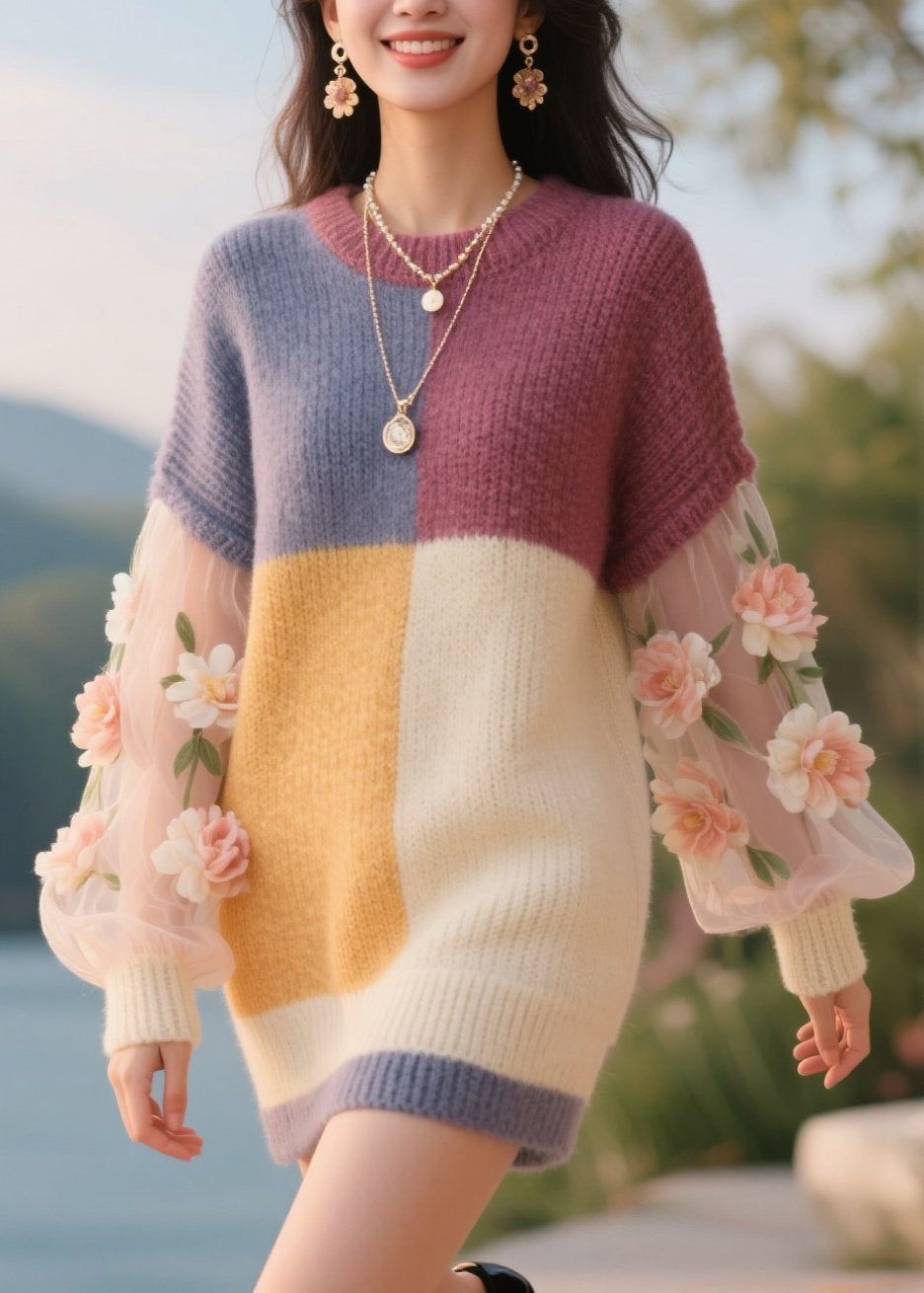 Colorblock Knit Crew Neck Tulle Floral Appliqué Balloon Sleeve Mini Dress