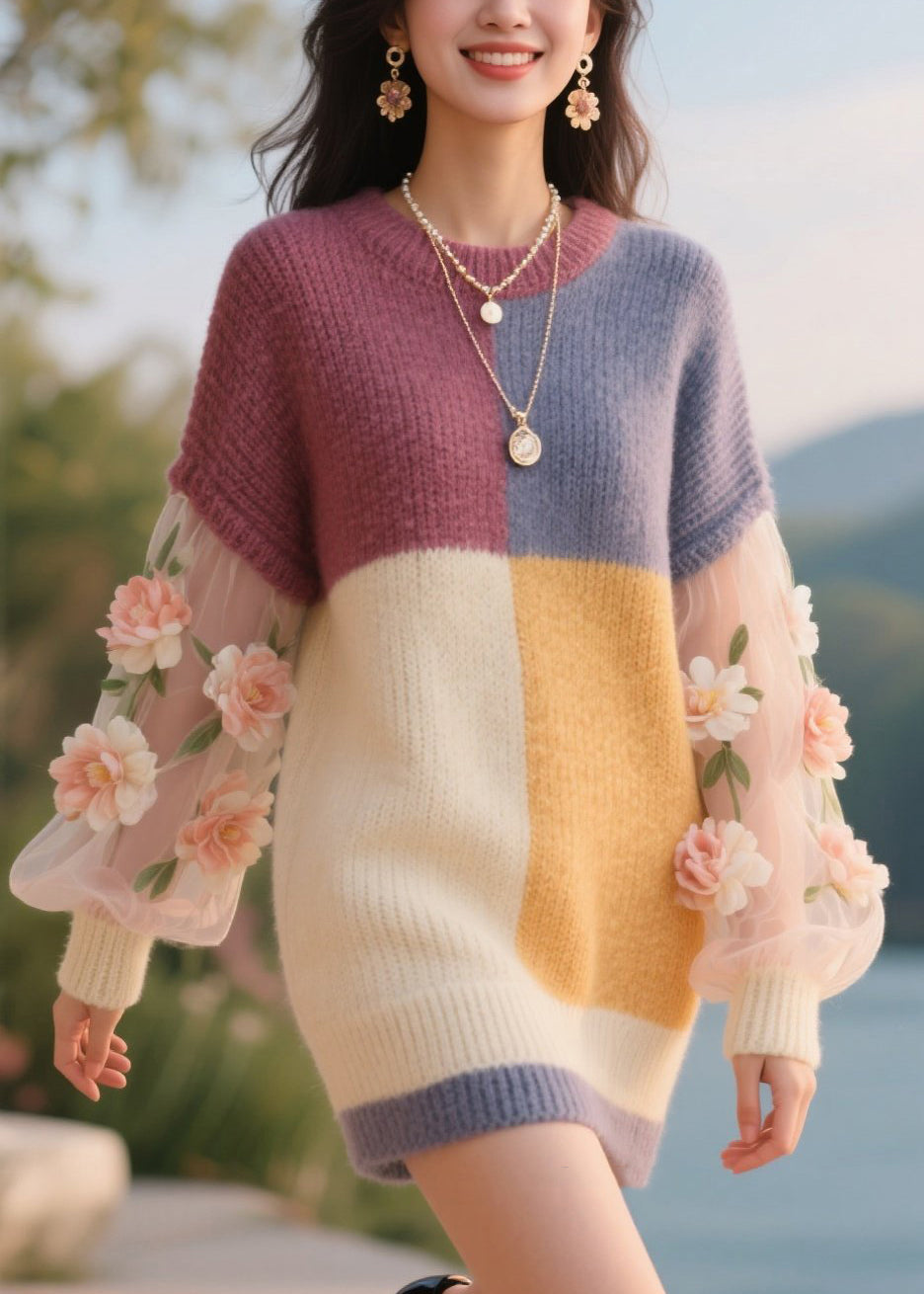 Colorblock Knit Crew Neck Tulle Floral Appliqué Balloon Sleeve Mini Dress