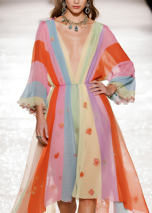 Chiffon Deep V-Neck Bell Sleeve Floral Striped Asymmetrical Train Maxi Gown