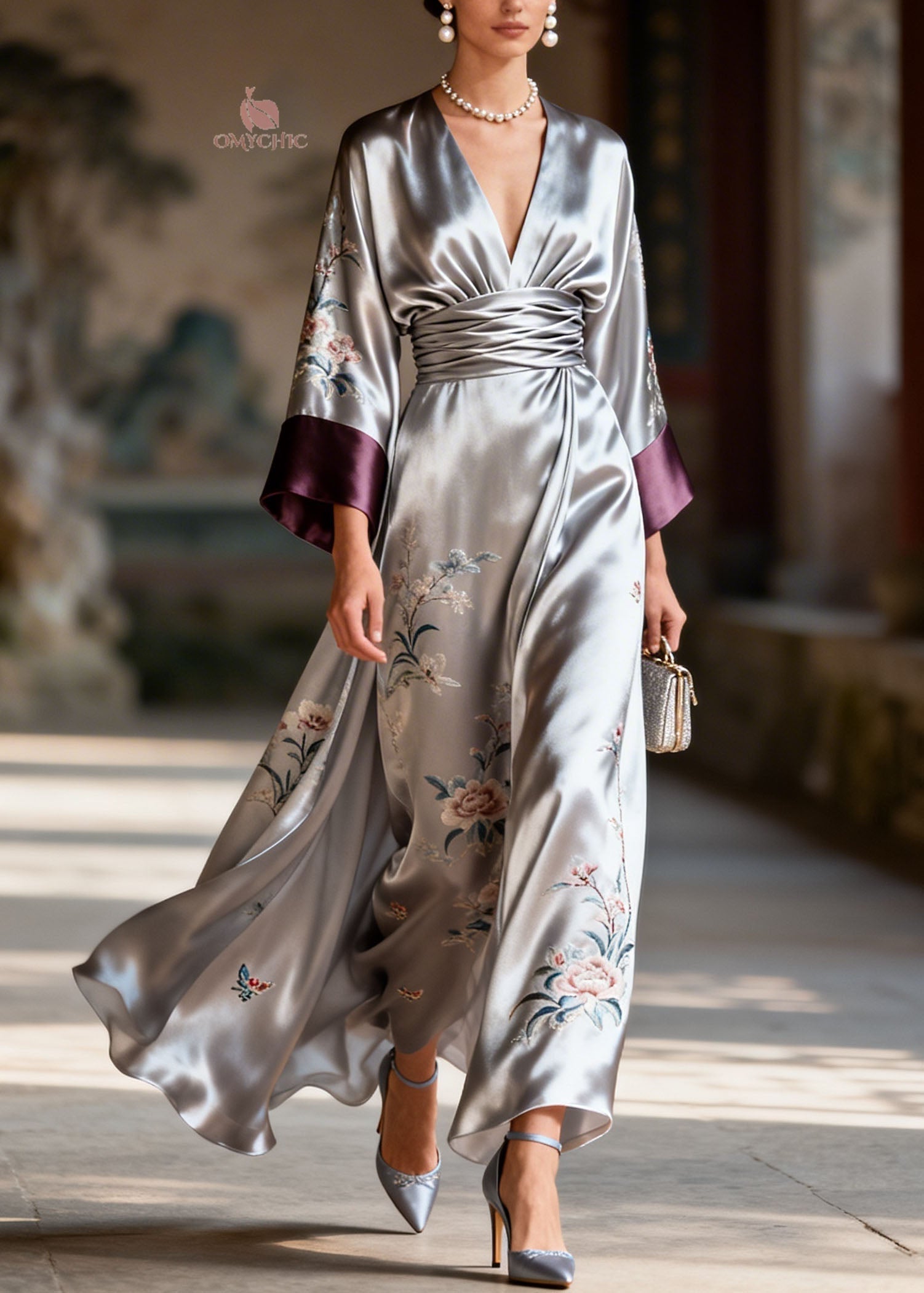 Satin Floral Butterfly Embroidery Deep V-Neck Kimono Sleeve Pleated Waist Maxi Dress
