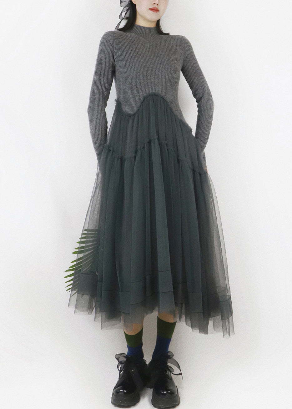 Mock Neck Long Sleeve Knit Tulle Scalloped Empire Waist Midi Dress