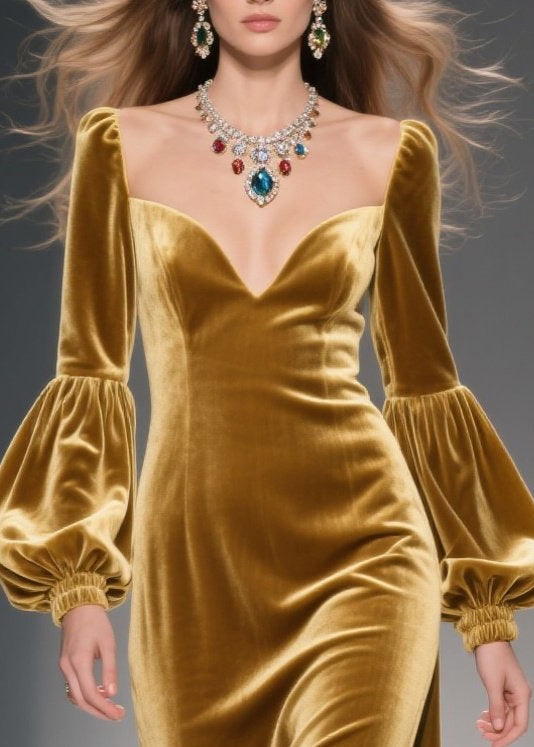 Sweetheart Neck Lantern Sleeve Velvet High Split Maxi Dress 2