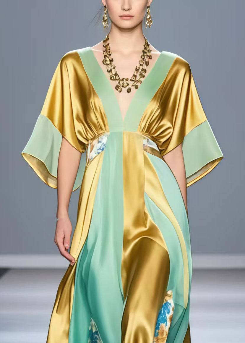 Satin Deep V-Neck Kimono Sleeve Paneled Floral Insert Maxi Gown