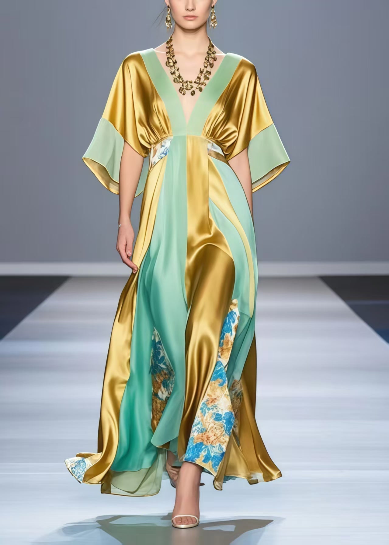 Satin Deep V-Neck Kimono Sleeve Paneled Floral Insert Maxi Gown