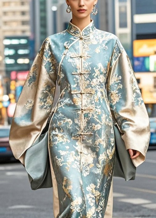 Brocade Mandarin Collar Frog Button Oversized Bell Sleeve High Split Maxi Gown
