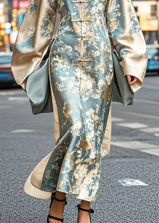 Brocade Mandarin Collar Frog Button Oversized Bell Sleeve High Split Maxi Gown