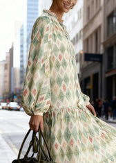 Art Green Ruffled Geometricn Lace Up Long Dress Spring 2