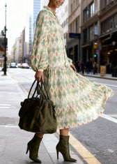 Art Green Ruffled Geometricn Lace Up Long Dress Spring 5
