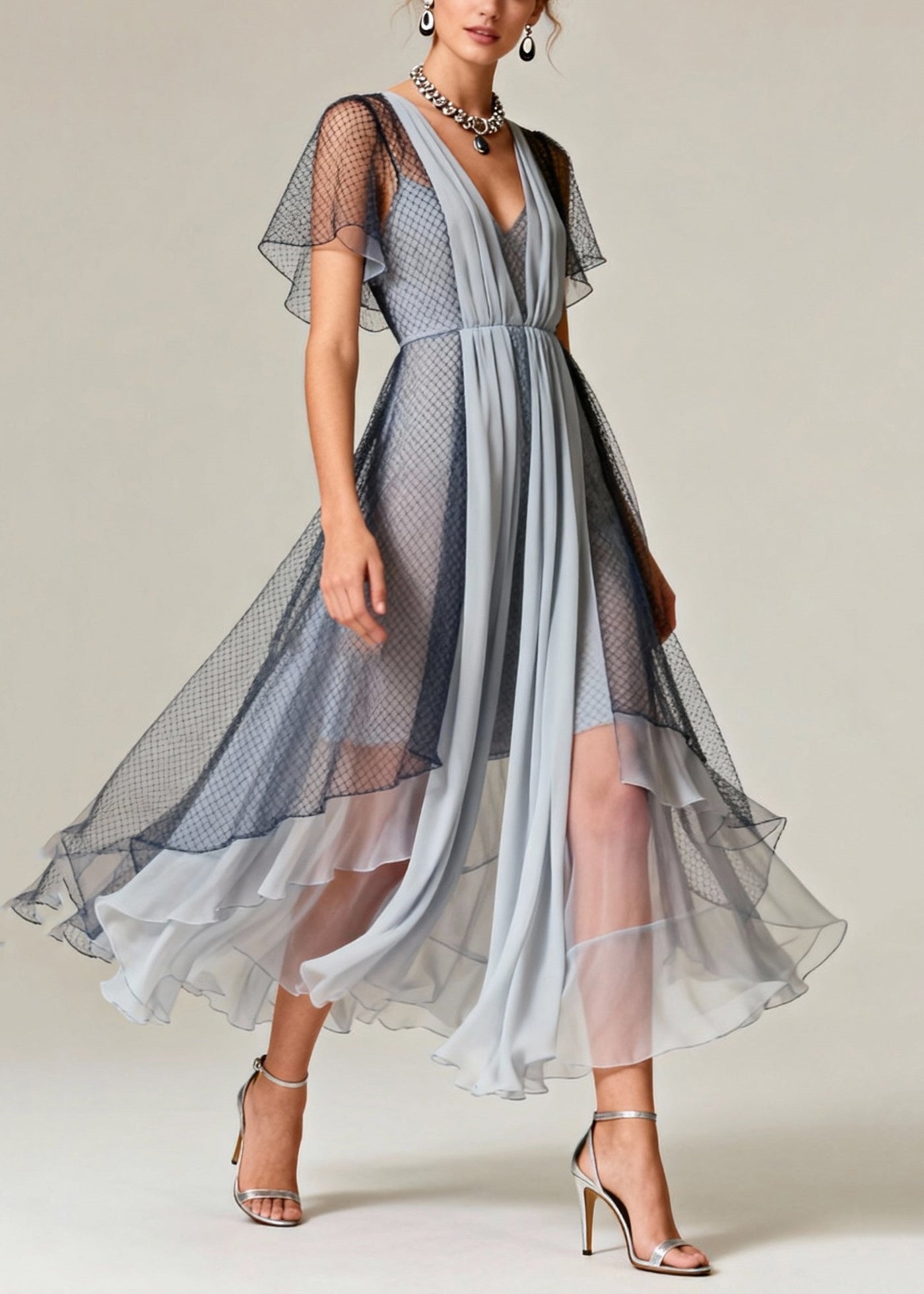 Art Grey Hollow Out Exra Large Hem Tulle Maxi Dresses Summer 3