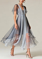 Art Grey Hollow Out Exra Large Hem Tulle Maxi Dresses Summer 3