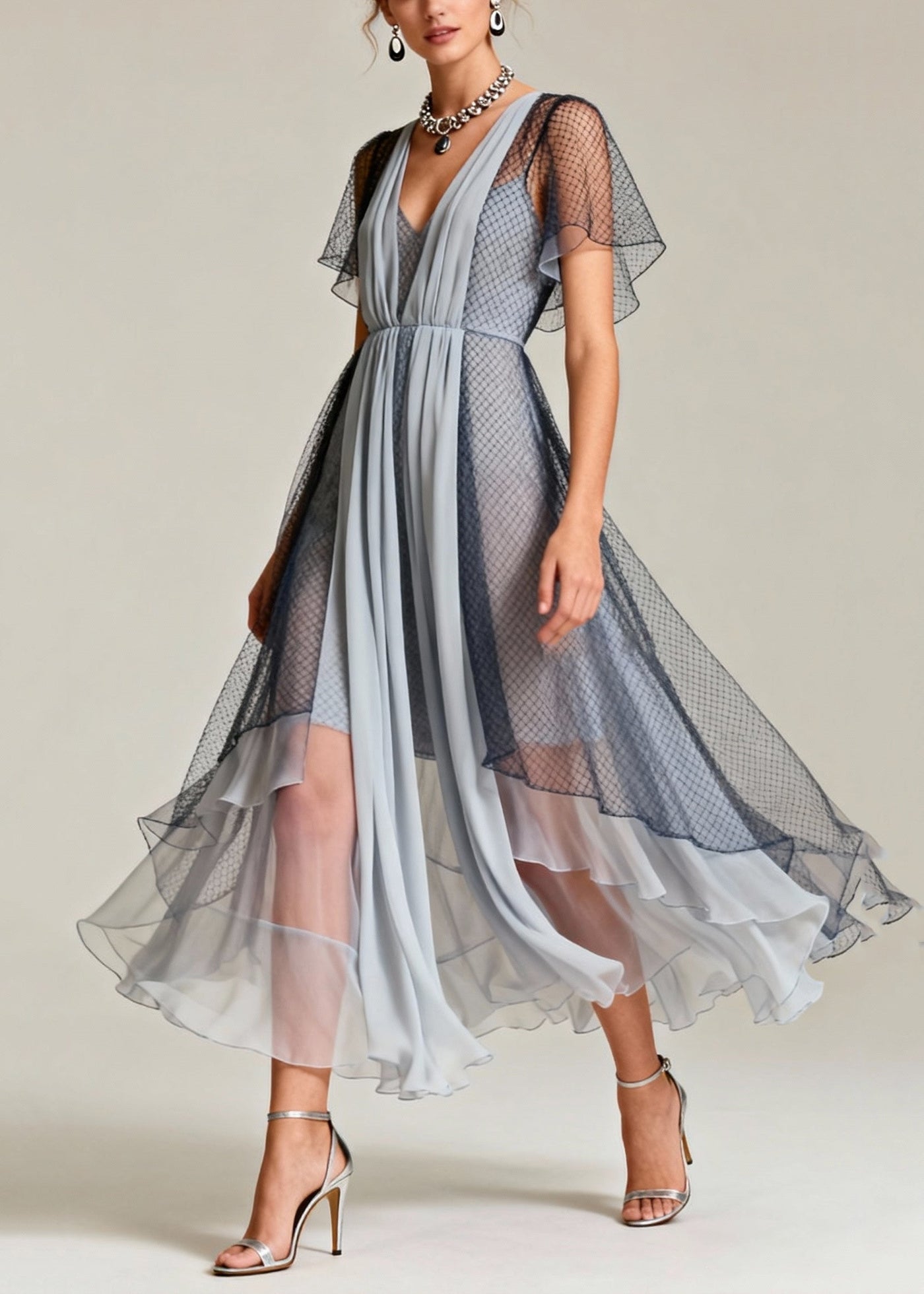 Art Grey Hollow Out Exra Large Hem Tulle Maxi Dresses Summer 5