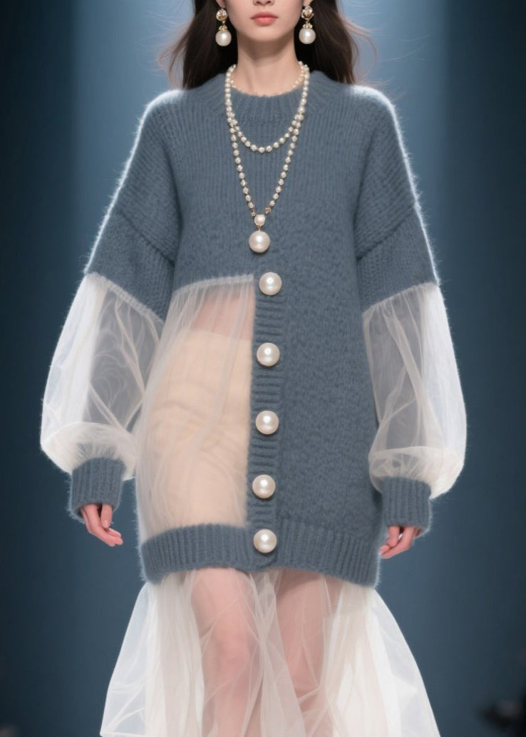 Knit Tulle Patchwork Pearl Button Bishop Sleeve Tiered Midi Dress