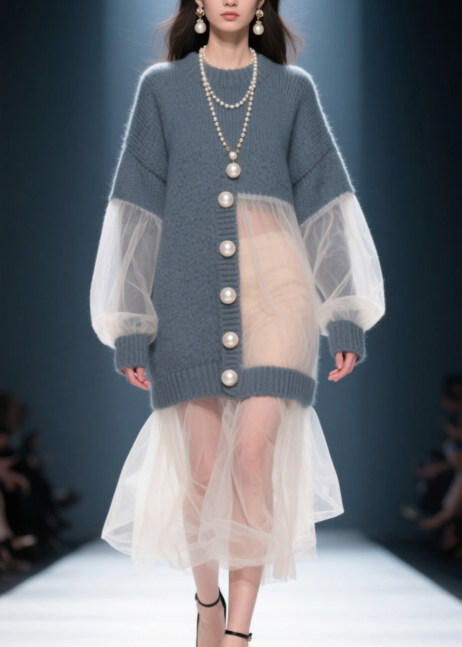 Knit Tulle Patchwork Pearl Button Bishop Sleeve Tiered Midi Dress