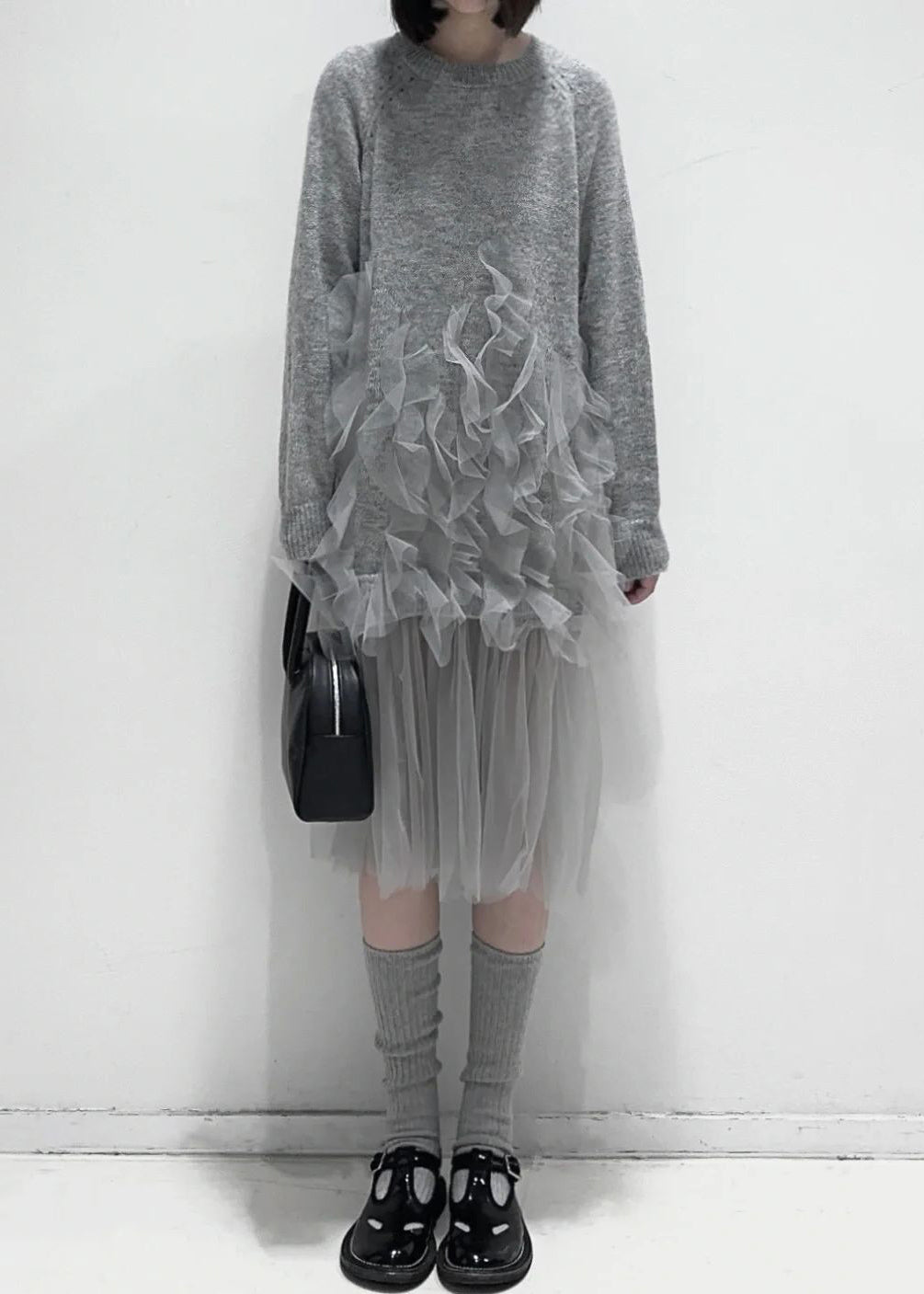 Art Grey Ruffled Solid Tulle Patchwork Knit Dress - View 2