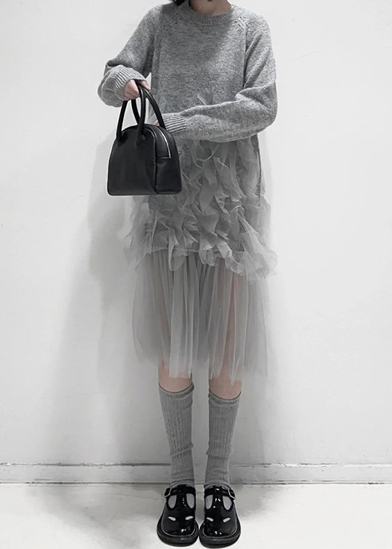 Art Grey Ruffled Solid Tulle Patchwork Knit Dress - View 3