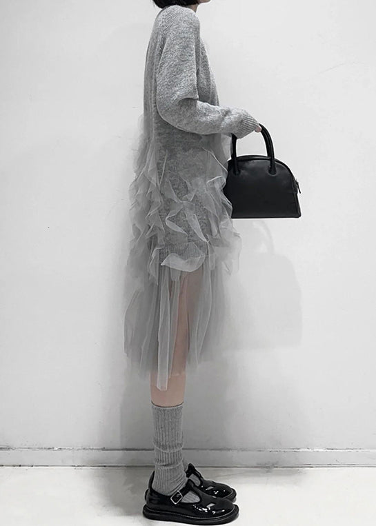 Art Grey Ruffled Solid Tulle Patchwork Knit Dress - View 5