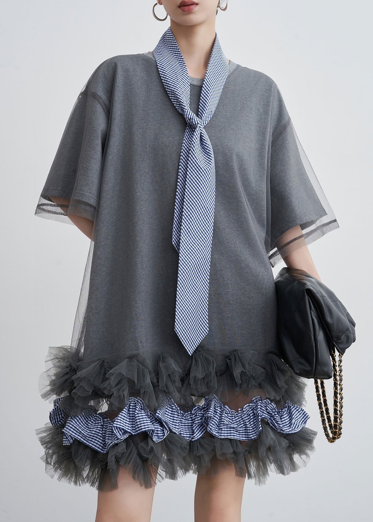 Art Grey Ruffled Tulle Patchwork Cotton T Shirt Dresses Summer 2