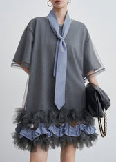Art Grey Ruffled Tulle Patchwork Cotton T Shirt Dresses Summer 2