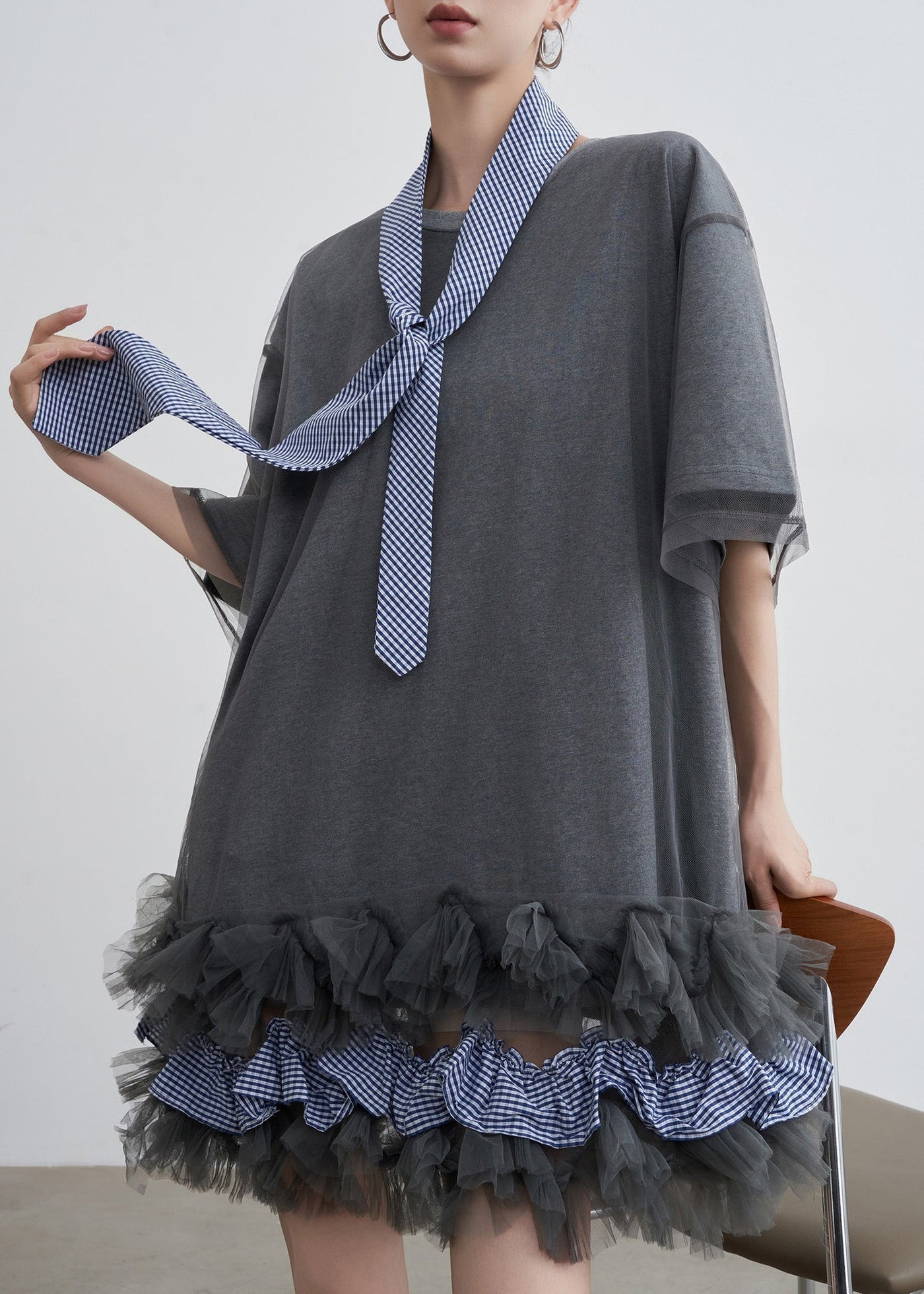 Art Grey Ruffled Tulle Patchwork Cotton T Shirt Dresses Summer 3