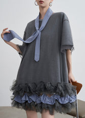 Art Grey Ruffled Tulle Patchwork Cotton T Shirt Dresses Summer 3