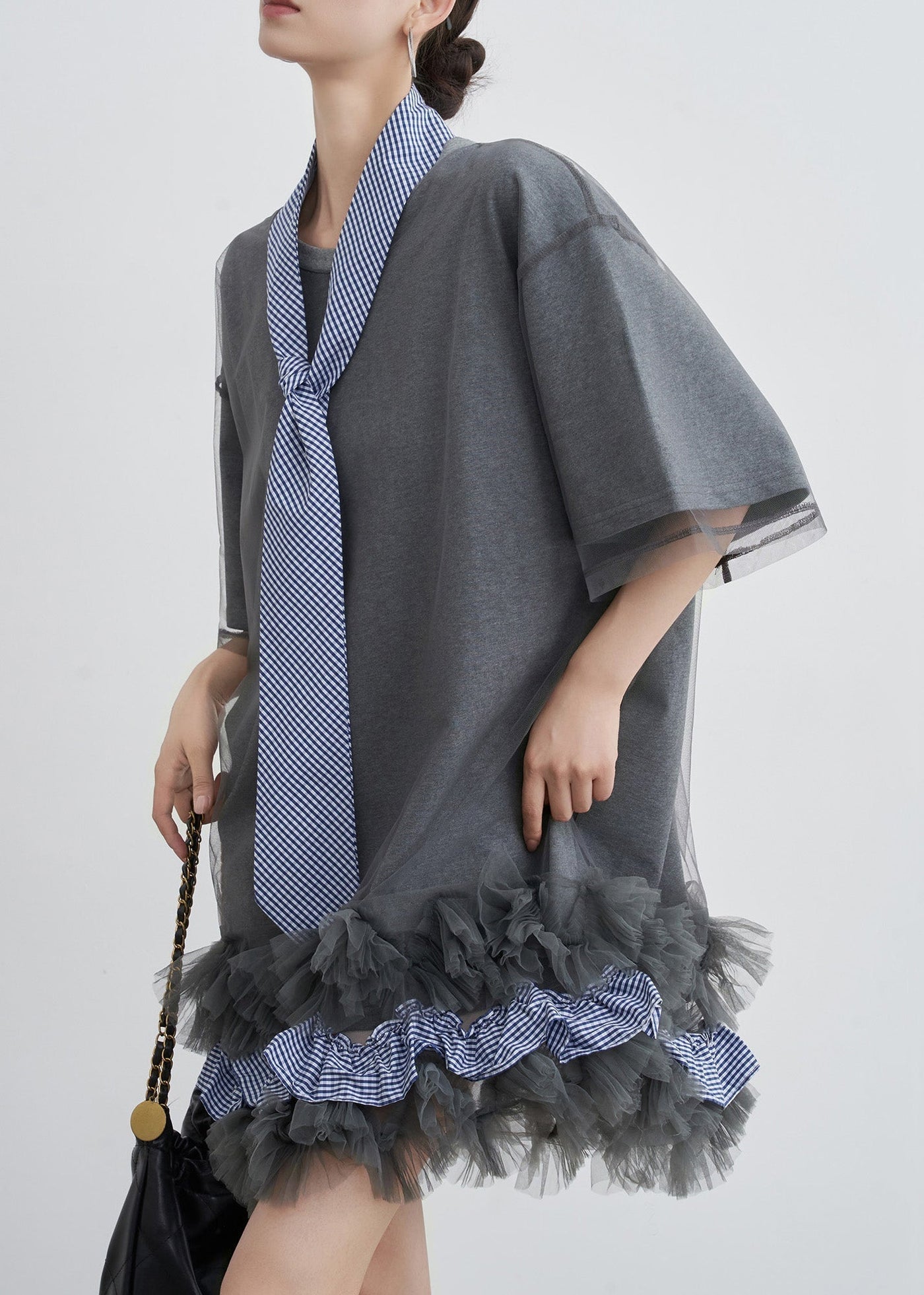 Art Grey Ruffled Tulle Patchwork Cotton T Shirt Dresses Summer 4