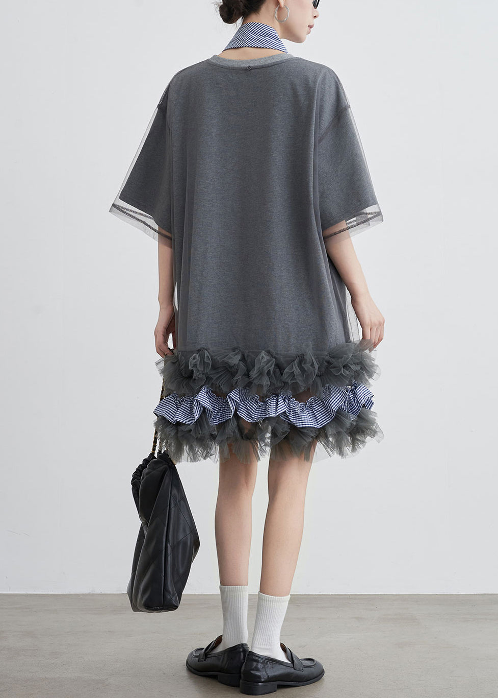 Art Grey Ruffled Tulle Patchwork Cotton T Shirt Dresses Summer 5