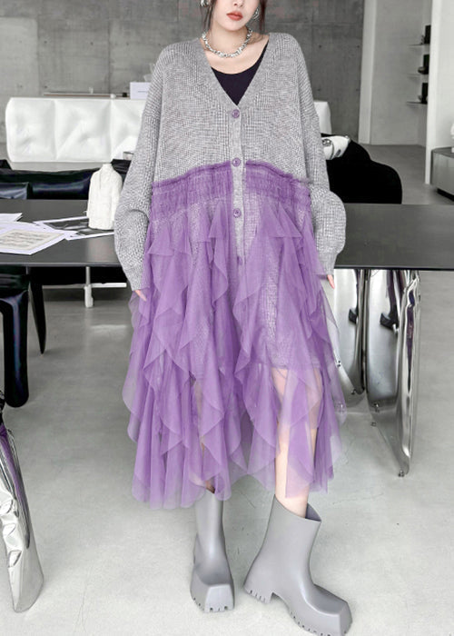 Art Grey Ruffled Tulle Patchwork Knit Cardigan Dress Spring 2