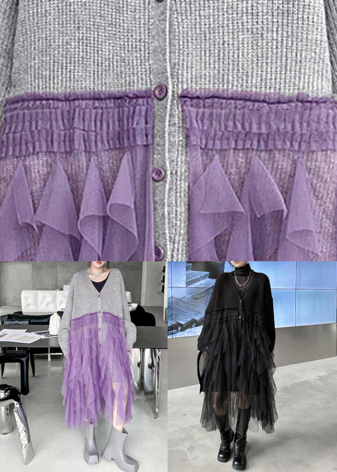 Art Grey Ruffled Tulle Patchwork Knit Cardigan Dress Spring 5