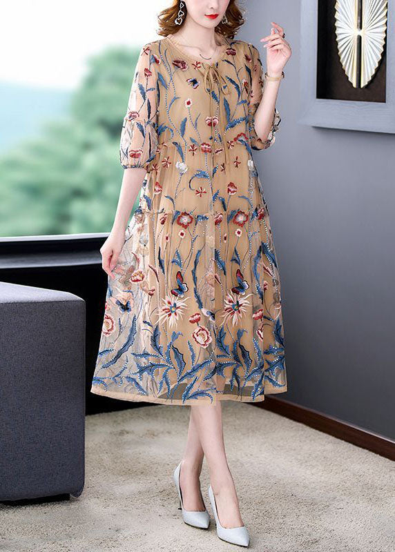 Embroidered Butterfly Floral Mesh Tiered Puff Sleeve Tie Neck Midi Dress