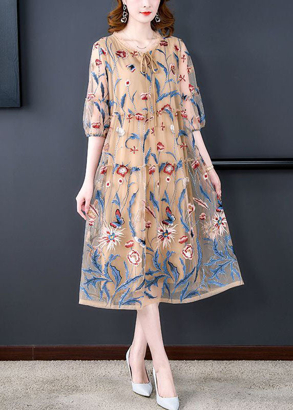 Embroidered Butterfly Floral Mesh Tiered Puff Sleeve Tie Neck Midi Dress