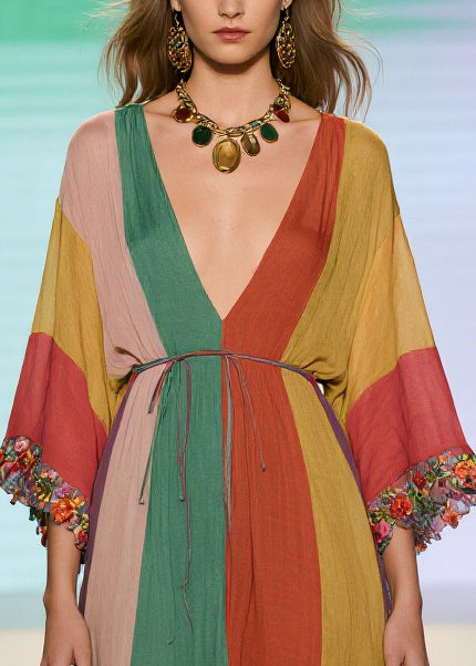 Deep V-Neck Batwing Sleeve Floral Trim Striped Chiffon Midi Dress - View 2