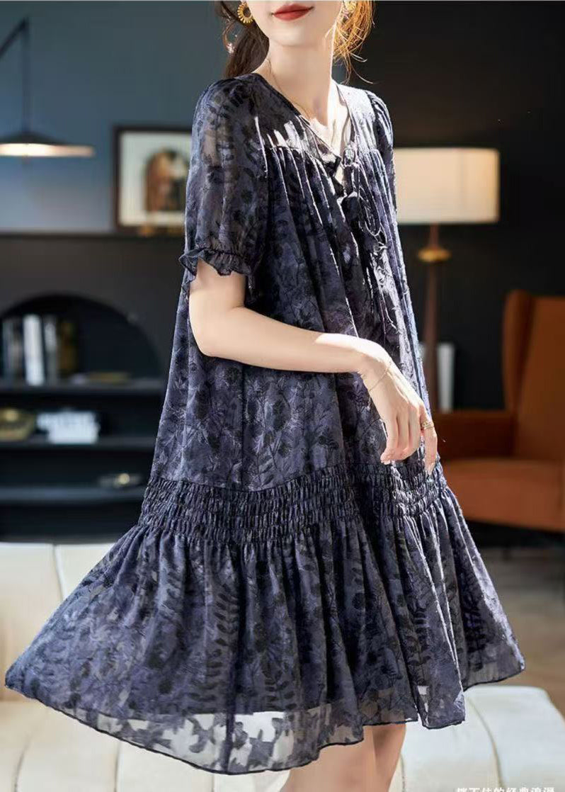 Burnout Floral V-Neck Tie Cord Short Sleeve Shirred Waist Ruffle Mini Dress