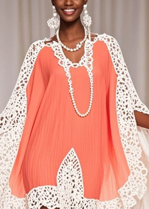 Crochet Lace Trim Butterfly Sleeve Chiffon V-Neck Kaftan Mini Dress