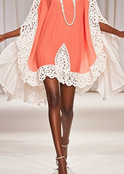 Crochet Lace Trim Butterfly Sleeve Chiffon V-Neck Kaftan Mini Dress