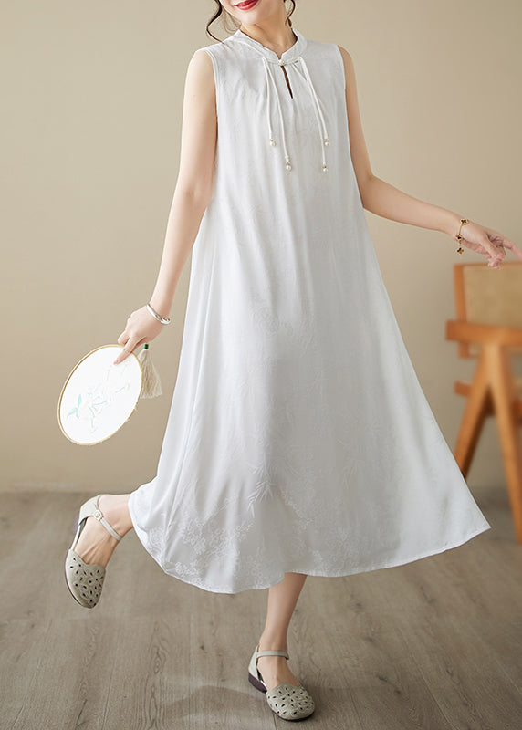 Jacquard Mandarin Collar Sleeveless Bead Tie Keyhole Midi Dress