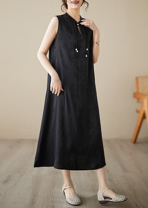 Jacquard Mandarin Collar Sleeveless Bead Tie Keyhole Midi Dress