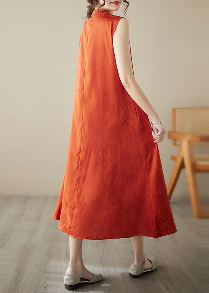 Jacquard Mandarin Collar Sleeveless Bead Tie Keyhole Midi Dress
