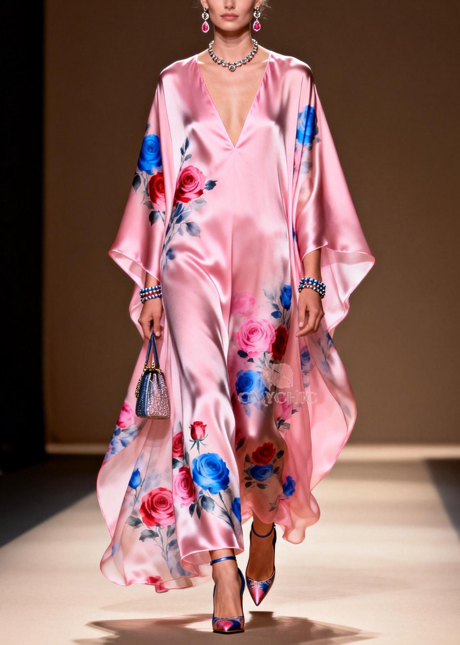 Floral Print Deep V-Neck Kimono Sleeve Satin Kaftan Maxi Party Gown