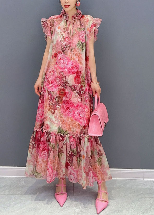 Floral Print Ruffle Collar Tie Neck Flutter Sleeve Ruffle Hem Chiffon Maxi Dress