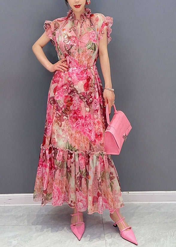 Art Pink Ruffled Print Patchwork Chiffon Two Piece Set Dresses Summer - View 2