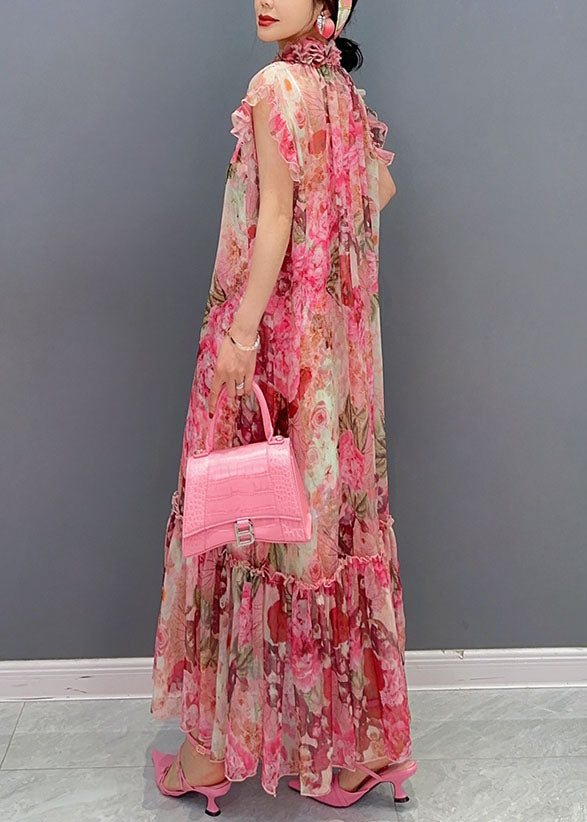 Art Pink Ruffled Print Patchwork Chiffon Two Piece Set Dresses Summer - View 3