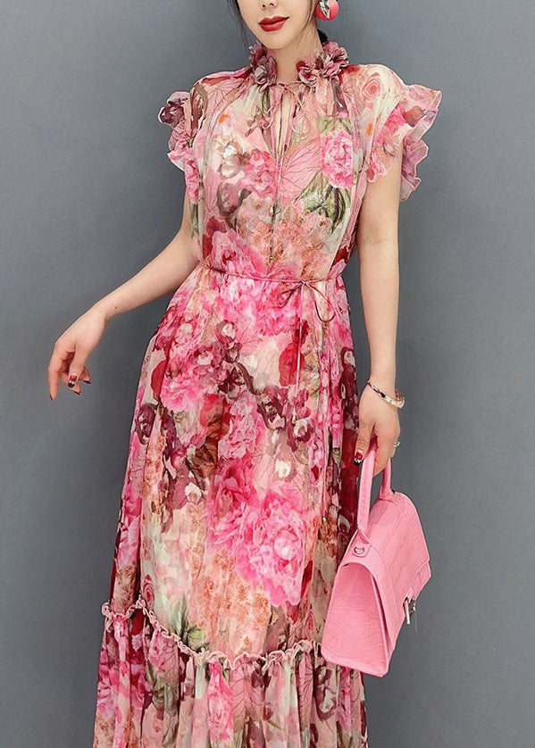 Art Pink Ruffled Print Patchwork Chiffon Two Piece Set Dresses Summer - View 4