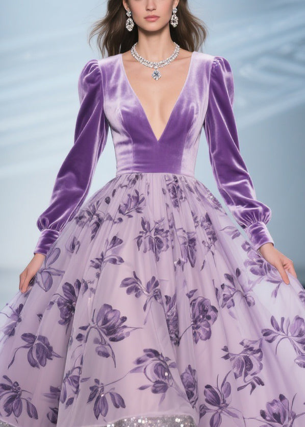 Velvet Deep V-Neck Bishop Sleeve Floral Print Sequin Hem Maxi Gown
