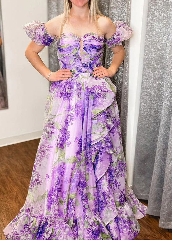 Art Purple Ruffled Asymmetrical Print Chiffon Dress Summer 2